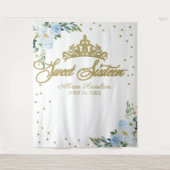 Zoete 16 Gouden Tiara Blauwe Bloemen Achtergrond Wandkleed (Voorkant)