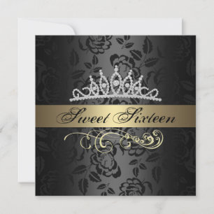 Zoete 16 gouden & zwarte tiara verjaardagsuitnodig kaart
