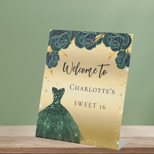 Zoete 16 groene gouden jurk bloemen welkom reclamebord met voetstuk