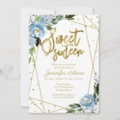 Zoete 16 Invitation Gold Foil Dusty Blue Floral Kaart (Voorkant)