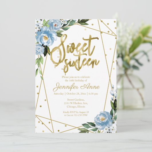 Zoete 16 Invitation Gold Foil Dusty Blue Floral Kaart (Staand voorkant)