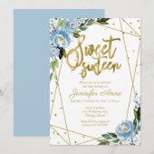 Zoete 16 Invitation Gold Foil Dusty Blue Floral Kaart (Voorkant / Achterkant)