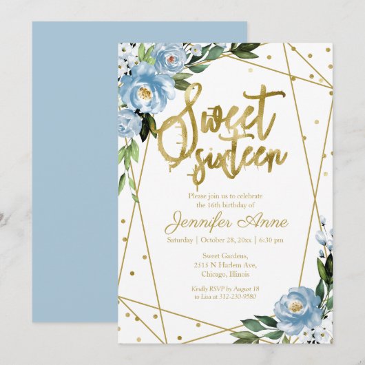 Zoete 16 Invitation Gold Foil Dusty Blue Floral Kaart (Voorkant / Achterkant)