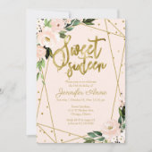 Zoete 16 Invitation Gold Foil Pink Blush Floral Kaart (Voorkant)
