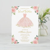 Zoete 16 Invitation Gold Foil Pink Blush Gown Kaart (Staand voorkant)