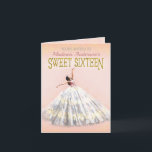 Zoete 16-jarige Blush Pink Gold Waterverf Dress<br><div class="desc">Deze mooie, 16 gevouwen uitnodigingen omvatten een prachtige waterverf danser aan de voorzijde in een lange japon die met haar armen een poef aanslaat. De achtergrond is wazig roze met een grens van goudkleurige spetters/confetti. De witte grijze geit van de danseres ziet er een beetje uit. De woorden "Sweet Sixteen"...</div>