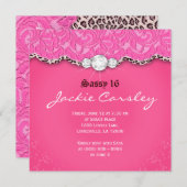 Zoete 16 Kant Party Uitnodiging Roze Luipaard (Voorkant / Achterkant)