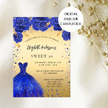 Zoete 16 koningsblauw goud glitter jurk bloemen kaart<br><div class="desc">Een moderne,  stijlvolle en glamoureuze uitnodiging voor een Sweet 16,  16th verjaardagsfeestje. Een faux gouden achtergrond met faux blue sparkles en een royal blue dress en rozen,  florals. De naam is geschreven met een modern handschrift. Personaliseer en voeg uw feestdetails toe.</div>
