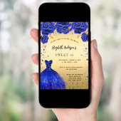 Zoete 16 koningsblauw goud glitter jurk bloemen kaart