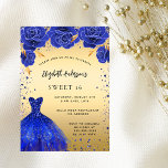 Zoete 16 koningsblauw goud glitter jurk bloemen uitnodiging briefkaart<br><div class="desc">Een moderne,  stijlvolle en glamoureuze uitnodiging voor een Sweet 16,  16th verjaardagsfeestje. Een faux gouden achtergrond met faux blue sparkles en een royal blue dress en rozen,  florals. De naam is geschreven met een modern handschrift. Personaliseer en voeg uw feestdetails toe.</div>