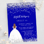 Zoete 16 koningsblauwe glitter jurk uitnodiging briefkaart<br><div class="desc">Een moderne,  stijlvolle en glamoureuze uitnodiging voor een Sweet 16,  16th verjaardagsfeestje. Een koningsblauwe achtergrond met faux glitter stof,  een meisje met een baljurk. De naam is geschreven met een modern handschrift. Personaliseer en voeg uw feestdetails toe.</div>