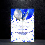 Zoete 16 koningsblauwe witte ballonnen glitterdrup uitnodiging briefkaart<br><div class="desc">Een witte achtergrond. Gedecorreerd met royal blue faux glitter druipt verf druppelend blik,  sparkles. Royal blue en faux zilveren ballonnen. Pas een naam en partijdetails aan en voeg deze toe. De naam wordt geschreven met een handgeschreven stijlmanuscript met letters. Achterzijde: Koninklijke blauwe achtergrond.</div>