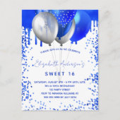 Zoete 16 koningsblauwe witte ballonnen glitterdrup uitnodiging briefkaart (Voorkant)