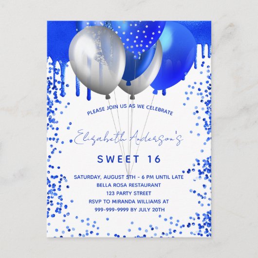 Zoete 16 koningsblauwe witte ballonnen glitterdrup uitnodiging briefkaart (Voorkant)