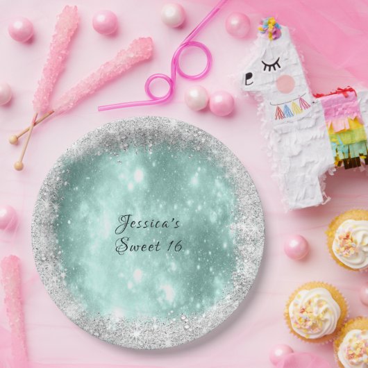 Zoete 16 Leuke Turquoise Glitters, Zilveren Glitte Papieren Bordje (Feest)