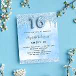 Zoete 16 lichtblauwe glitter budget Uitnodiging<br><div class="desc">Een moderne, stijlvolle en glamoureuze uitnodiging voor het Sweet 16, 16e verjaardagsfeest van een meisje. Een witte en lichtblauwe hemel als achtergrond met lichtblauwe faux glitter-druppelaar, verfdruppelend uiterlijk. De naam wordt geschreven met een modern zwart gekleurd handgeschreven stijlmanuscript met letters. Pas je partijgegevens aan en voeg deze toe. Nummer 16...</div>