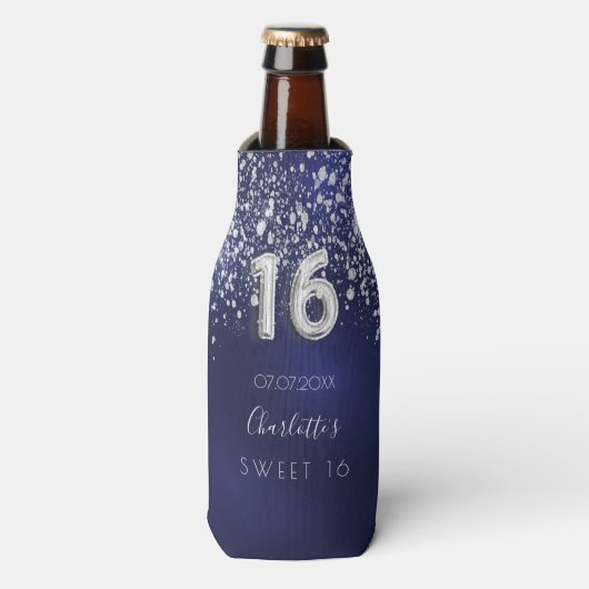 Zoete 16 marineblauwe zilveren glitter naam flesjeskoeler (Fles Voorkant)