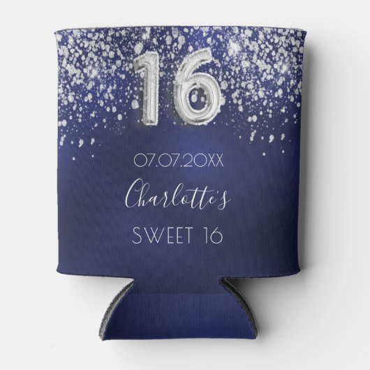 Zoete 16 marineblauwe zilveren glitterstof naam blikjeskoeler (Voorkant)