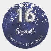Zoete 16 marineverblauwe zilversterren ronde sticker (Voorkant)