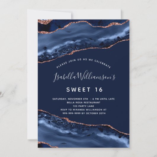 Zoete 16 marmer marmer blue roos goud kaart (Voorkant)