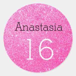 Zoete 16 Naam Leeftijd Zwart & Heet Roze Glitter G Ronde Sticker