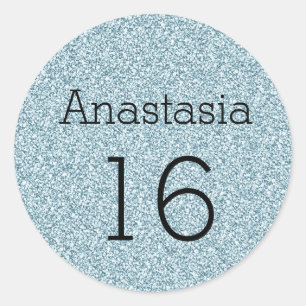 Zoete 16 Naam Zwart Blauw Zilver Glitters Glinster Ronde Sticker