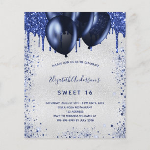 Zoete 16 navyblauwe zilveren budget uitnodiging flyer