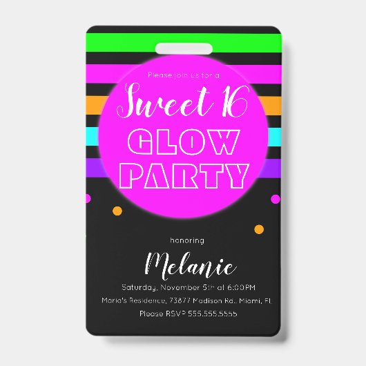Zoete 16 Neon Glow Feest Verjaardagspas ID Badge (Voorzijde)