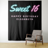 Zoete 16 Neonlichten Zwarte Verjaardagsfeest Tapij Wandkleed (In situ)