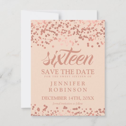 Zoete 16 Opslagdatum Roos Gold Foil Confetti Blush Save The Date (Voorkant)