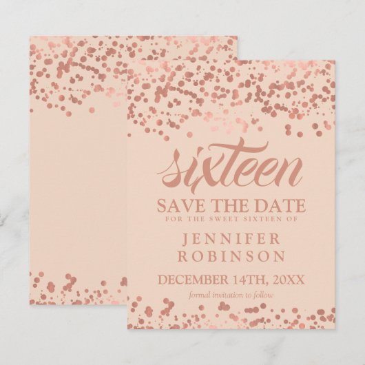 Zoete 16 Opslagdatum Roos Gold Foil Confetti Blush Save The Date (Voorkant / Achterkant)