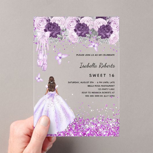 Zoete 16 paarse ballerina jurk bloemen transparant acryl uitnodigingen (Insitu (Draagbaar))