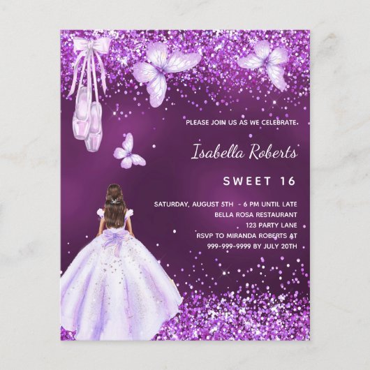 Zoete 16 paarse ballerina jurk budget uitnodiging flyer (Voorkant)