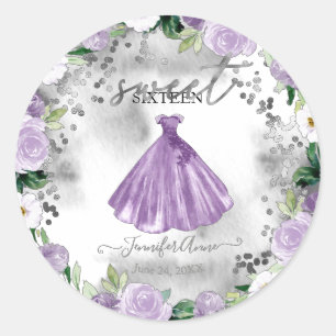 Zoete 16 Paarse Bloemen Waterverf Jurk Ronde Sticker