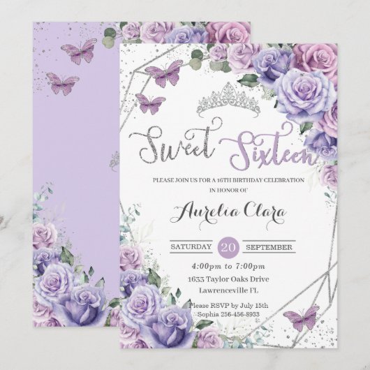 Zoete 16 Paarse Floral 16e verjaardag Butterflies Kaart (Voorkant / Achterkant)