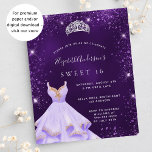 Zoete 16 paarse glitter jurk flyer<br><div class="desc">Let op: deze uitnodiging is op flyer paper en erg dun. Enveloppen zijn niet inbegrepen. Ga naar onze winkel voor dikkere kaarten (hetzelfde ontwerp). Een moderne, stijlvolle en glamoureuze uitnodiging voor een Sweet 16, 16e verjaardagsfeestje. Een diepe paarse achtergrond met faux glitter stof, een tiara en een jurk. De paarse...</div>