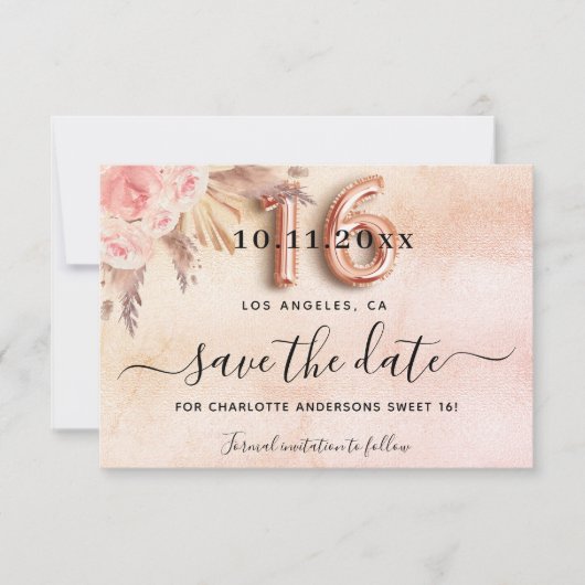 Zoete 16 pampas roos goudmeel save the date (Voorkant)