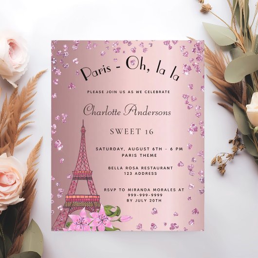 Zoete 16 Paris blush roze Eiffel budget uitnodigin Flyer