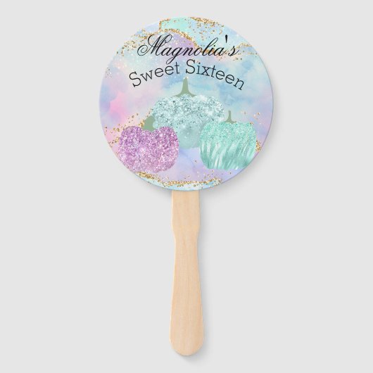 Zoete 16 Party Pompoen Pastel Glitter Glam Handwaaier (Voorkant)