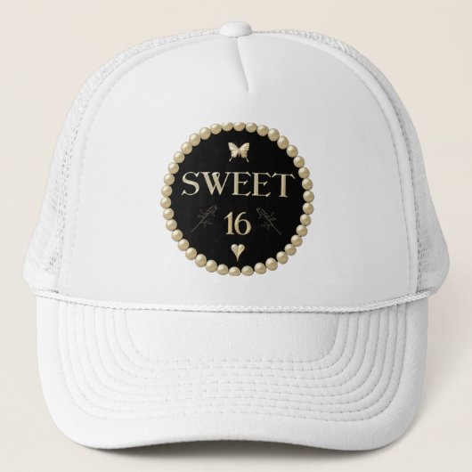 Zoete 16 - Pearls op zwarte "velvet" Trucker Pet (Voorkant)