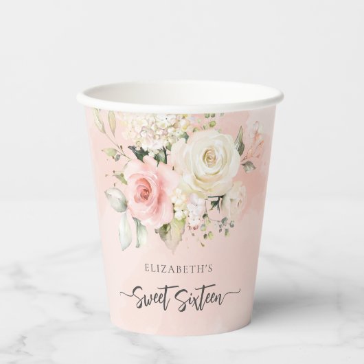 Zoete 16 Pink Floral Birthday Party Papieren Bekers (Voorkant)