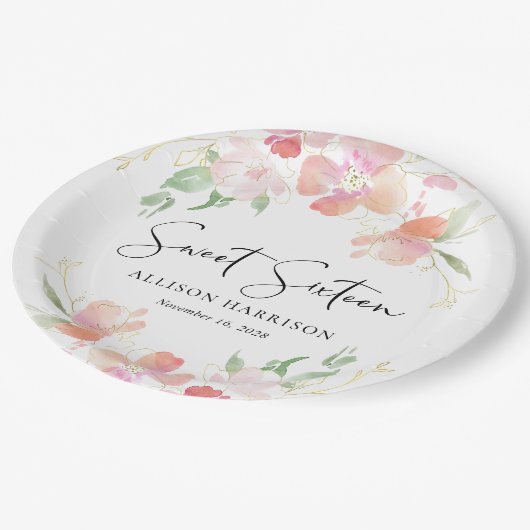 Zoete 16 Pink Floral Birthday Party Papieren Bordje (Gekanteld)