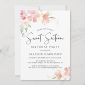 Zoete 16 Pink Floral Waterverf Birthday Party Kaart (Voorkant)