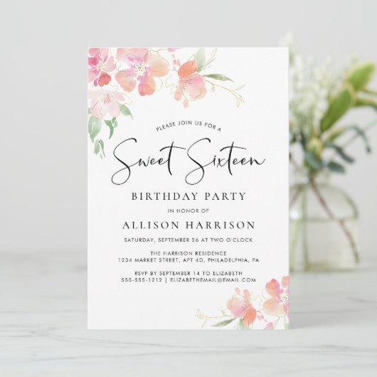 Zoete 16 Pink Floral Waterverf Birthday Party Kaart (Staand voorkant)