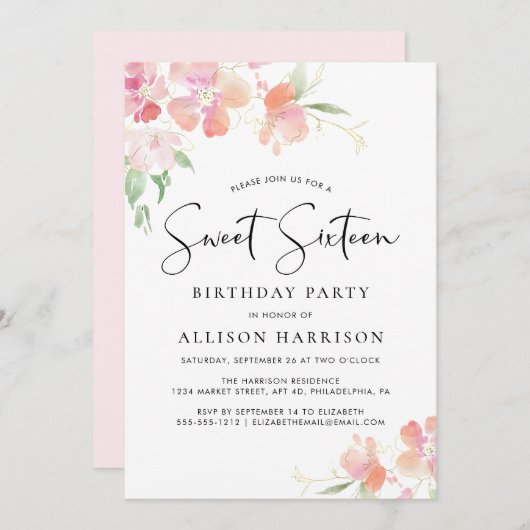 Zoete 16 Pink Floral Waterverf Birthday Party Kaart (Voorkant / Achterkant)