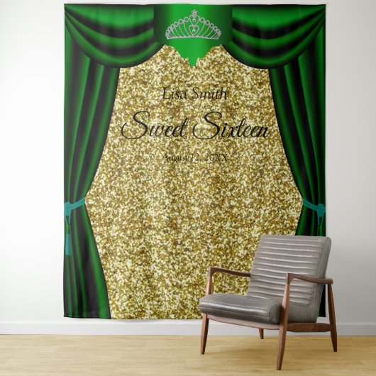 Zoete 16 Prinses Tiara Groene Gordijn Gouden Glitt Wandkleed (In situ)