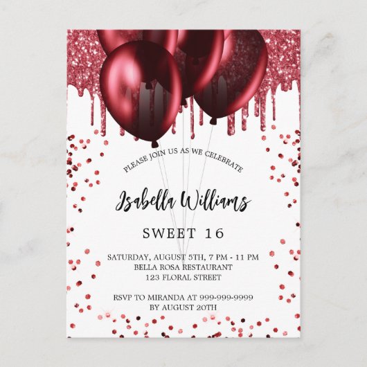 Zoete 16 rode ballonnen wit uitnodiging briefkaart (Voorkant)