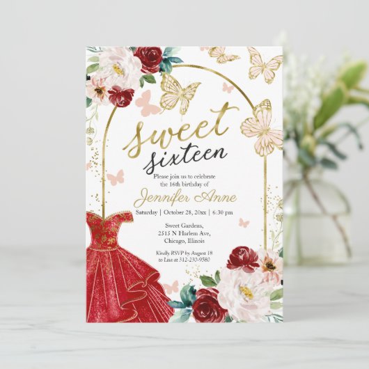 Zoete 16 Rode Bloem Jurk Vlinder Kaart (Staand voorkant)