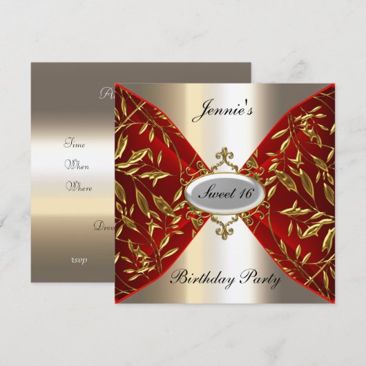 Zoete 16 rode en metalen uitnodiging voor een fees (Voorkant / Achterkant)
