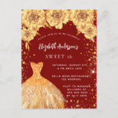 Zoete 16 rode gouden glinsterende jurkrozen uitnodiging briefkaart (Voorkant)